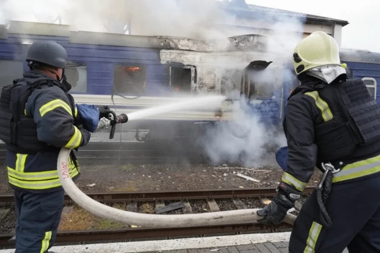 Bomberos trabajando en uno de los lugares atacados por Rusia.